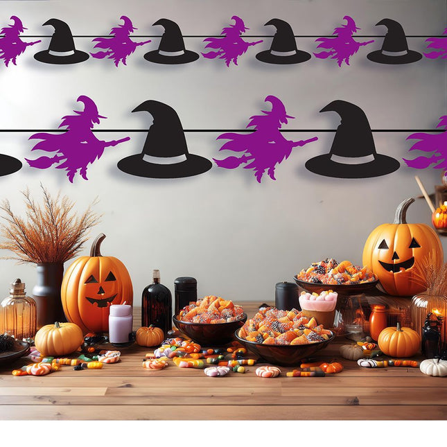 Halloweenowa girlanda czarno-fioletowa czarownica 3m