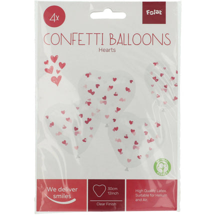 Balony w kształcie serca z różowym konfetti 30 cm - 4 szt.