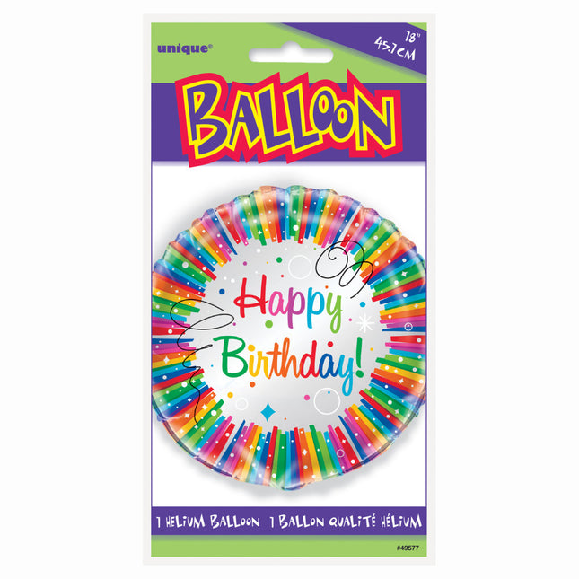 Balon helowy Happy Birthday Ribbons Rainbow 45cm pusty