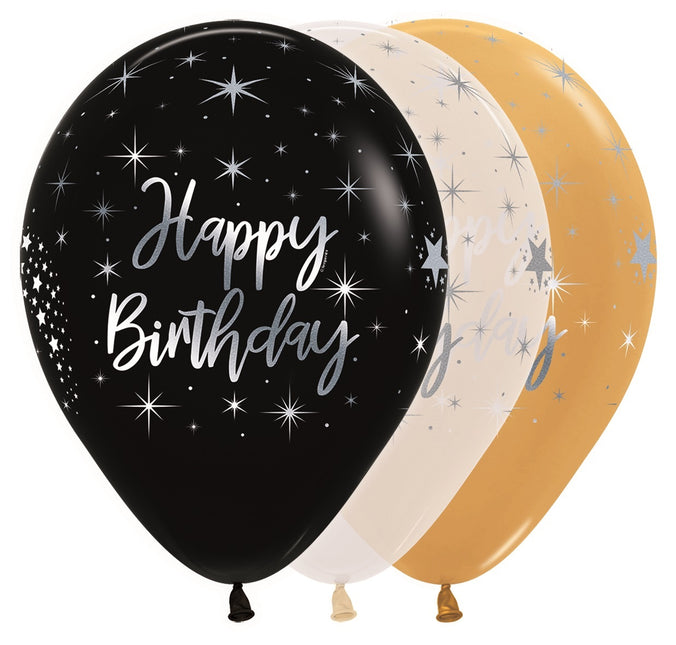 Balony Happy Birthday Radiant Metallic Ink Silver 30cm 25szt