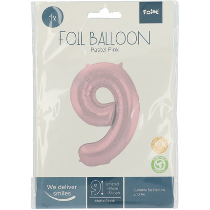 Balon foliowy Figurka 9 pastelowy róż XL 86cm pusty