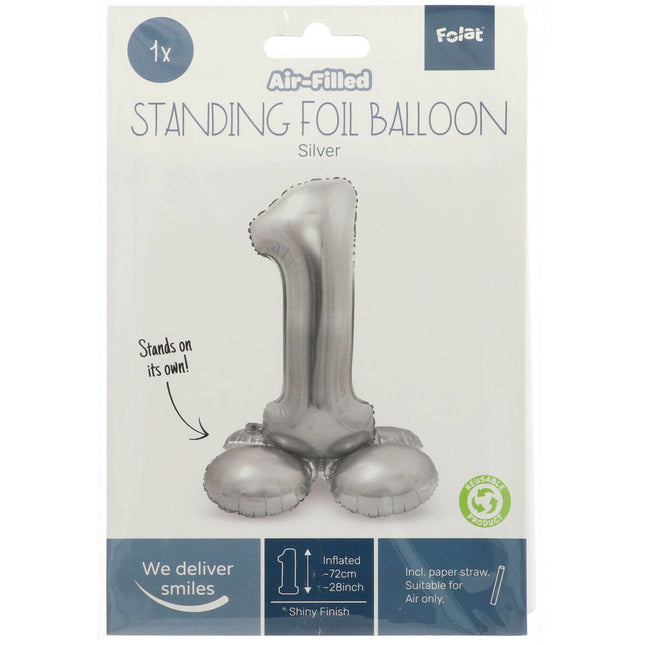 Balon foliowy Figurka 1 Srebrny ze stojakiem 72 cm