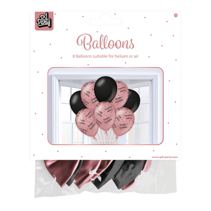 Balony Happy Birthday Rose Black 30cm 8szt