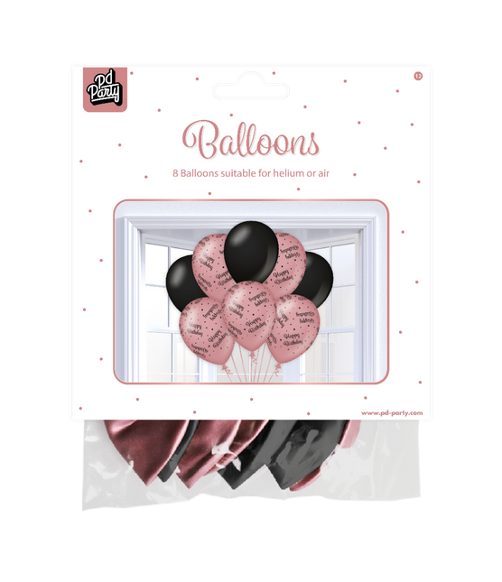 Balony Happy Birthday Rose Black 30cm 8szt