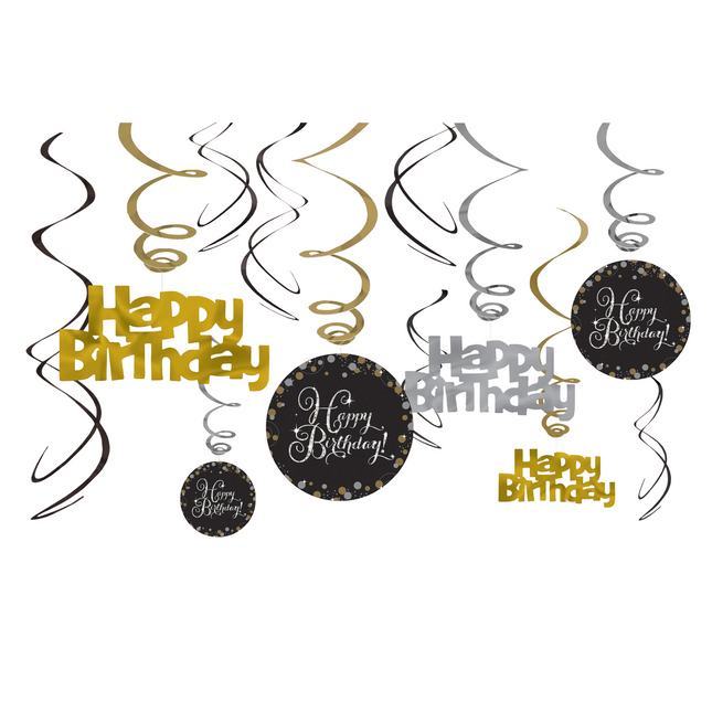 Dekoracja urodzinowa wisząca Happy Birthday Gold 61cm 12szt