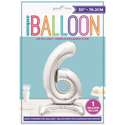 Balon foliowy Figurka 6 Srebrny Standard 76 cm