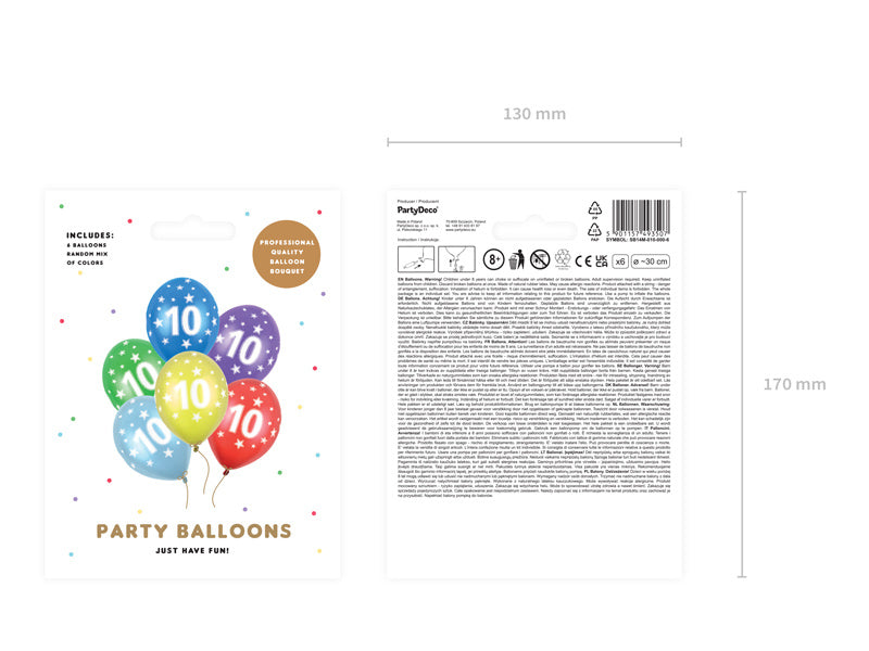 Balony 10 lat kolorowe metaliczne 30cm 6szt