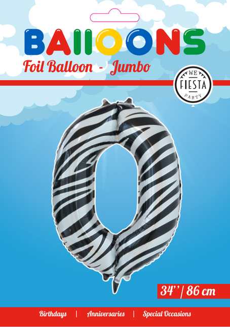 Balon foliowy numer 0 Zebra XL 86 cm pusty