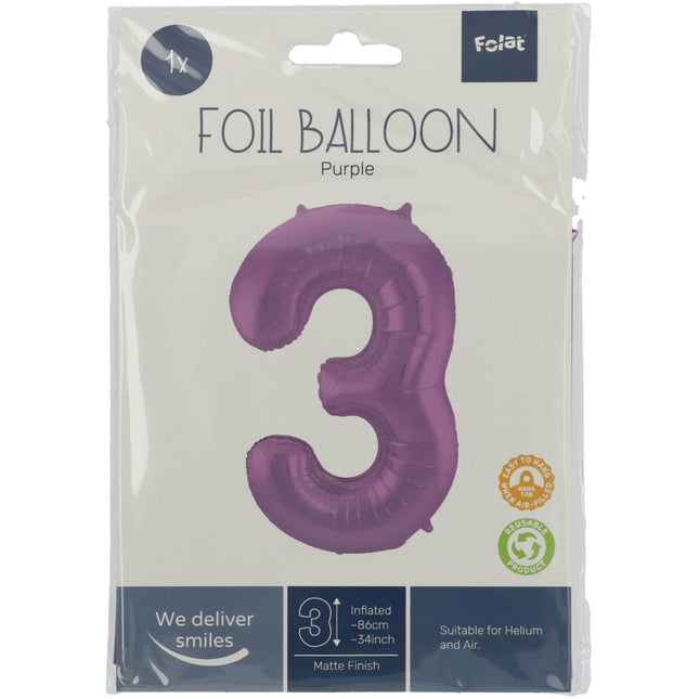 Balon foliowy Figurka 3 Matt Purple XL 86cm pusty