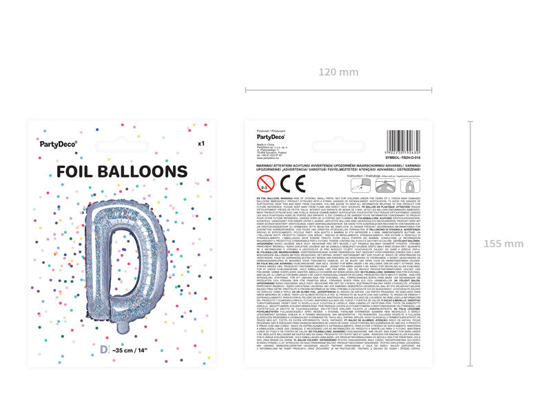 Balon foliowy litera D holograficzny pusty 35 cm