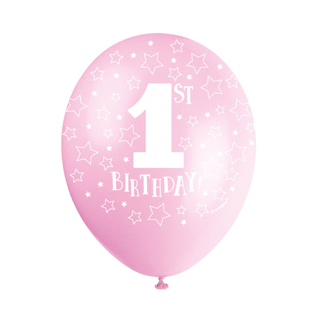 Balony 1st Birthday różowe 30cm 5szt