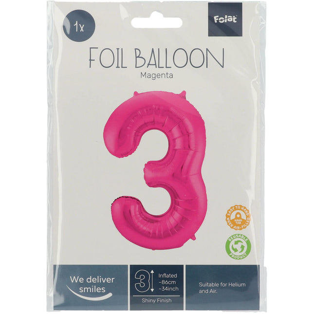 Balon foliowy Figurka 3 fuksja metalik XL 86 cm pusty