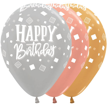 Balony Happy Birthday Squares Metallic Mix 30cm 25szt