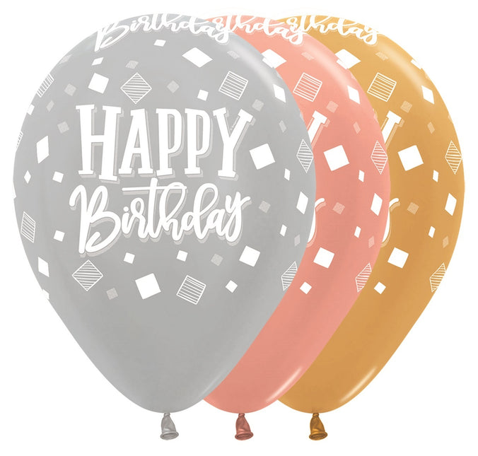 Balony Happy Birthday Squares Metallic Mix 30cm 25szt