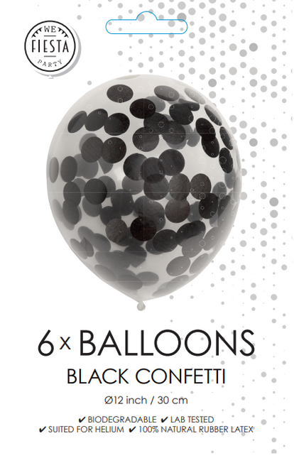 Balony konfetti czarne 30cm 6szt