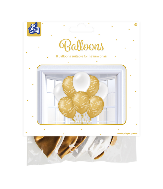 Balony Happy Birthday Gold White 30cm 8szt