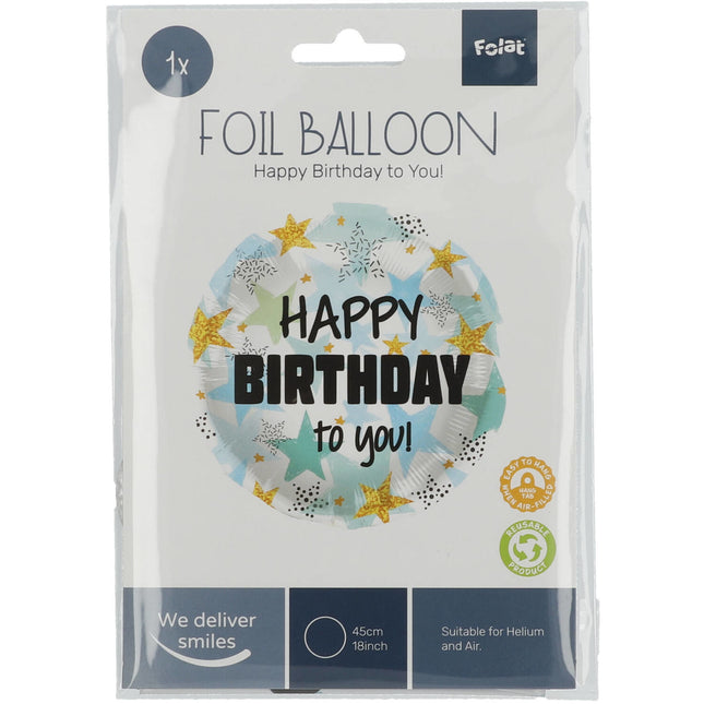 Balon helowy Happy Birthday Stars Niebieski Złoty Pusty 45cm