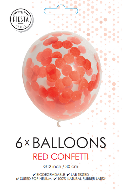 Balony konfetti czerwone 30cm 6szt