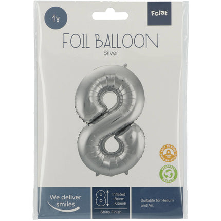 Balon foliowy cyfra 8 srebrny metaliczny XL 86 cm pusty