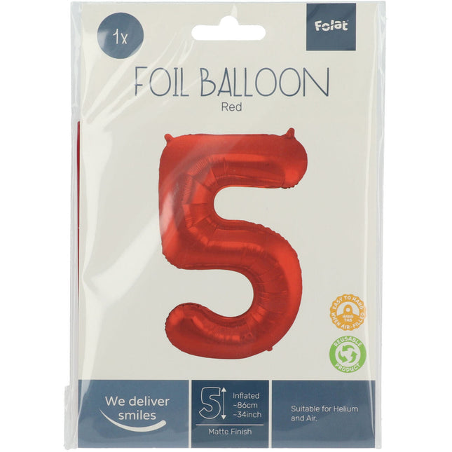 Balon foliowy Figurka 5 Matt Red XL 86cm pusty