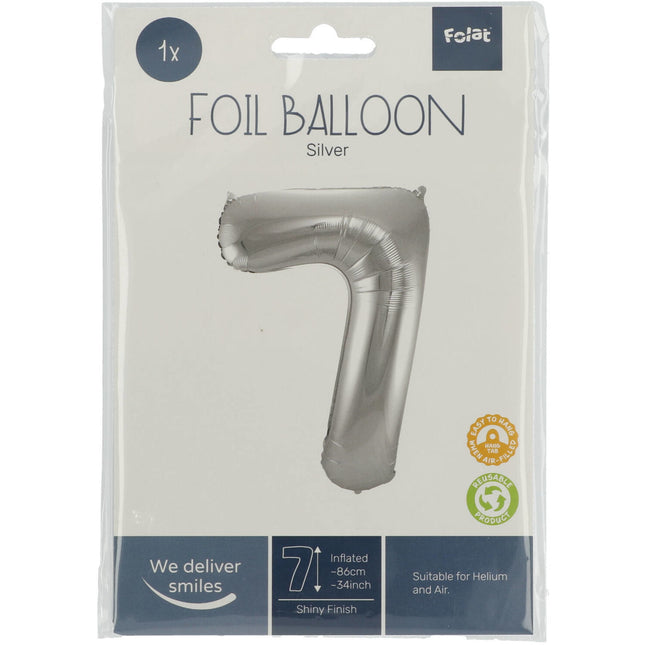 Balon foliowy cyfra 7 srebrny metaliczny XL 86 cm pusty