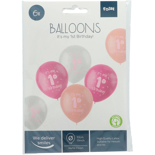 Balony It's My 1St Birthday Pink 33cm 6szt