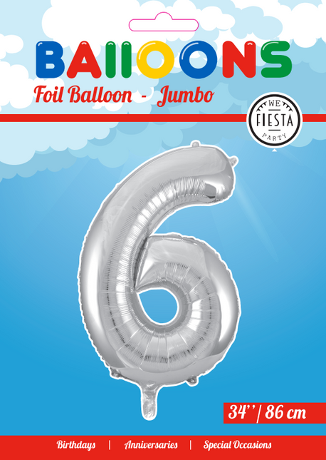 Balon foliowy Figurka 6 Srebrny XL 86cm pusty