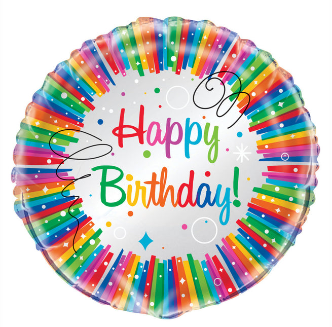 Balon helowy Happy Birthday Ribbons Rainbow 45cm pusty