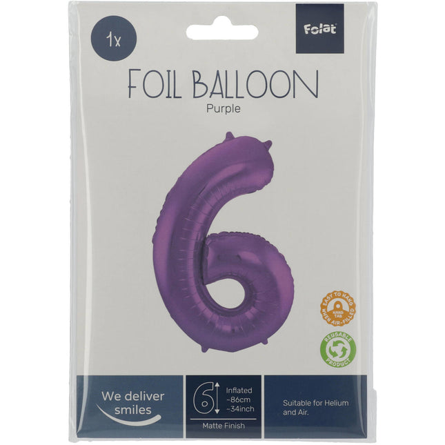 Balon foliowy Figurka 6 Matt Purple XL 86cm pusty