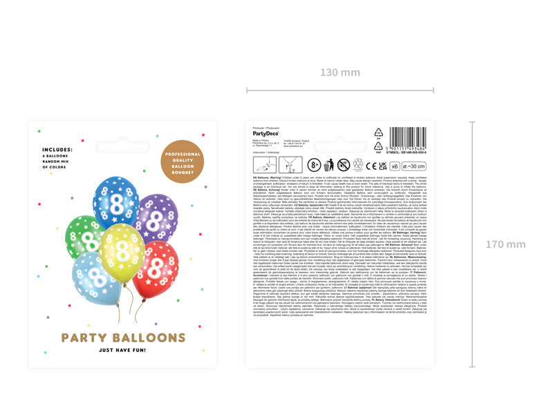 Balony 8 lat kolorowe metaliczne 30cm 6szt