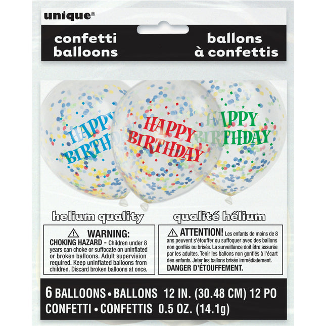 Balony konfetti Happy Birthday kolorowe 30cm 6szt