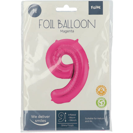 Balon foliowy cyfra 9 fuksja metaliczny XL 86 cm pusty