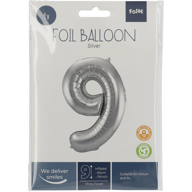 Balon foliowy Figure 9 Silver Metallic XL 86cm pusty