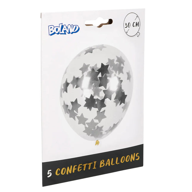 Balony konfetti gwiazdki srebrne 30cm 5szt