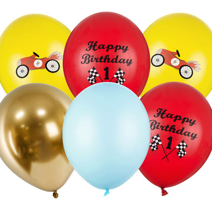 Balony Happy Birthday Race Mix 30cm 6szt