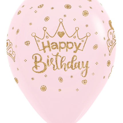 Balony Happy Birthday Crowns Glitter Ink Pastel Matte Pink 30cm 25szt