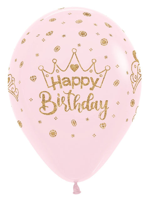 Balony Happy Birthday Crowns Glitter Ink Pastel Matte Pink 30cm 25szt