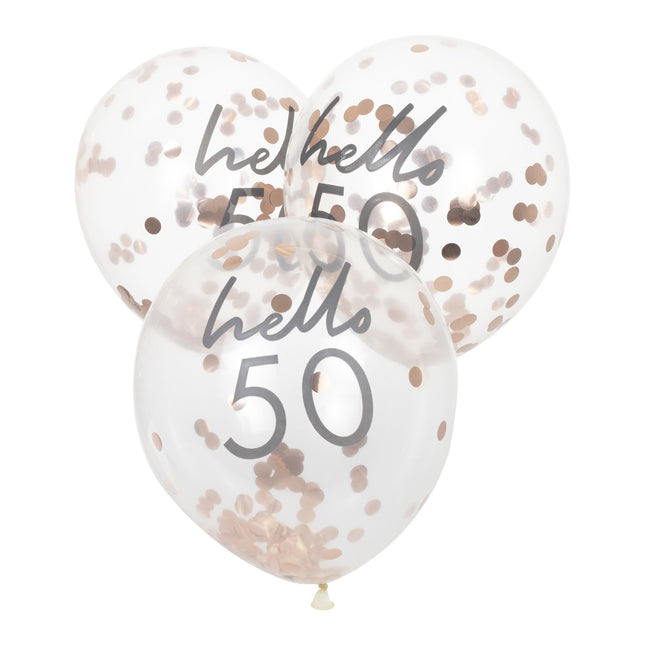 Balony z konfetti w kolorze różowego złota 50 lat 30 cm 5 szt.