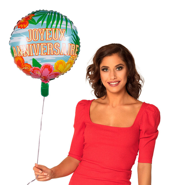 Balon helowy Joyeux Anniversaire Hawaii pusty 45 cm