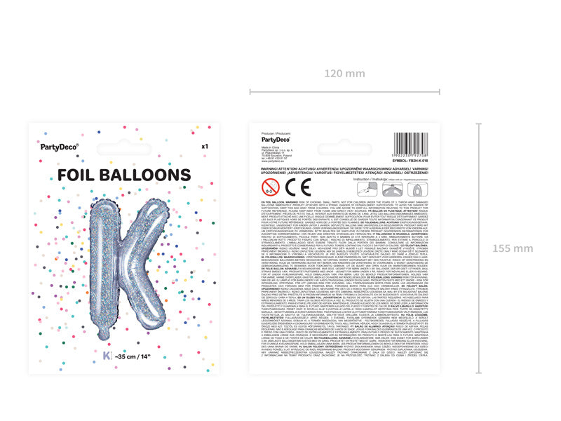 Balon foliowy litera K holograficzny pusty 35cm