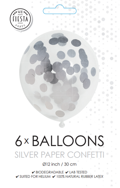 Balony konfetti srebrne 12cm 6szt