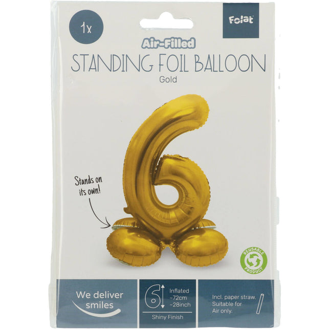 Balon foliowy Figurka 6 złoty ze stojakiem 72 cm