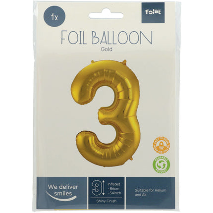 Balon foliowy Figurka 3 Gold Metallic XL 86 cm pusty