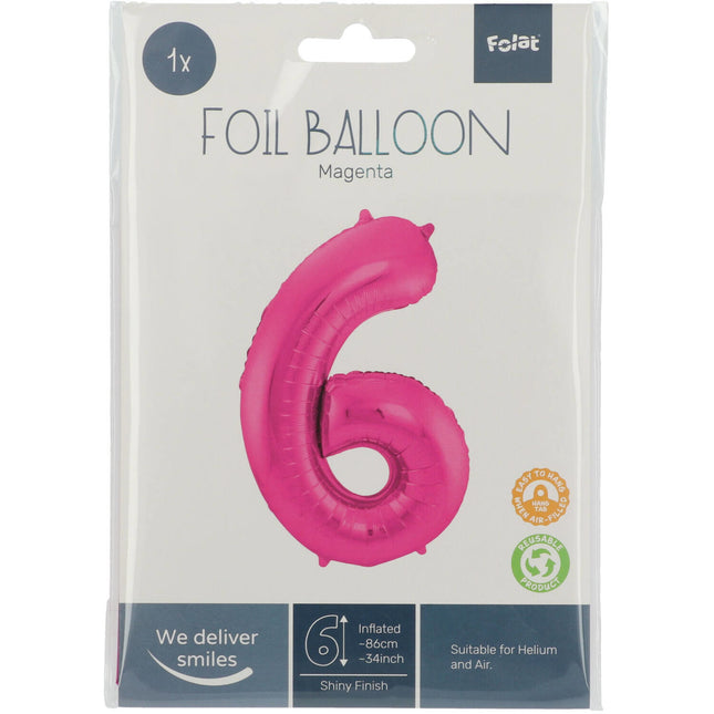 Balon foliowy Figurka 6 fuksja metalik XL 86 cm pusty