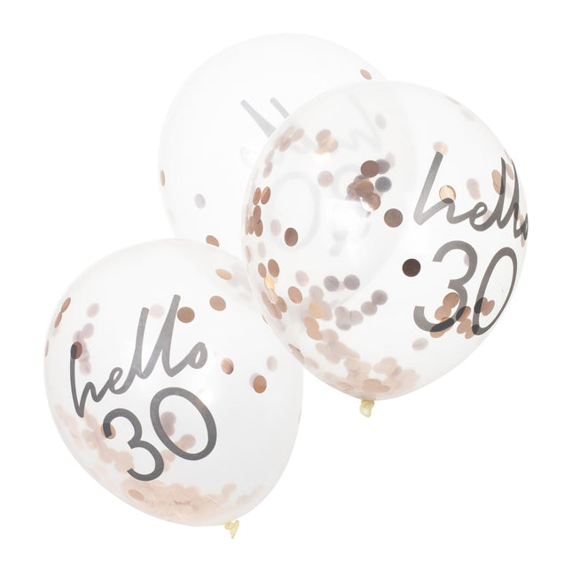 Balony z konfetti w kolorze różowego złota 30 lat 30 cm 5 szt.