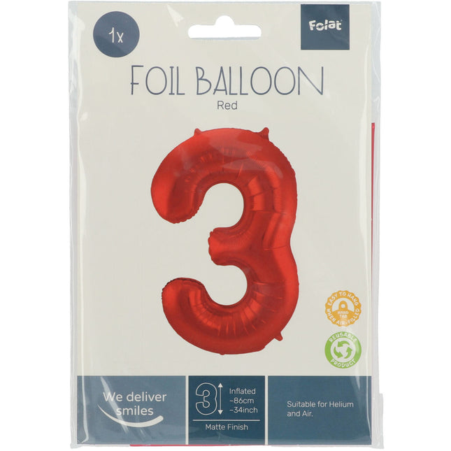 Balon foliowy Figurka 3 Matt Red XL 86cm pusty