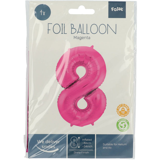 Balon foliowy cyfra 8 fuksja metaliczny XL 86 cm pusty