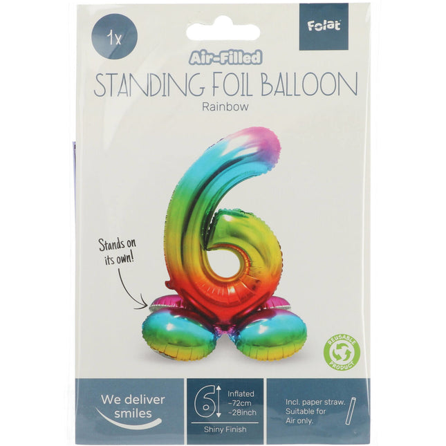 Balon foliowy Figurka 6 Rainbow ze stojakiem 72 cm