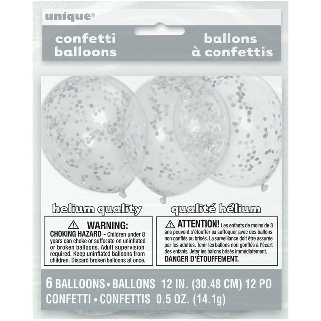 Balony konfetti srebrne 30cm 6szt