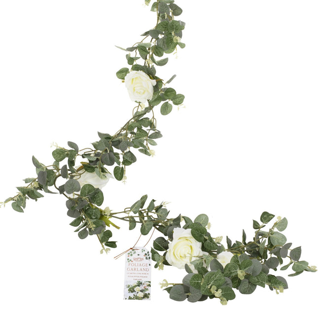 Girlanda kwiatowa eukaliptus i białe róże 2m